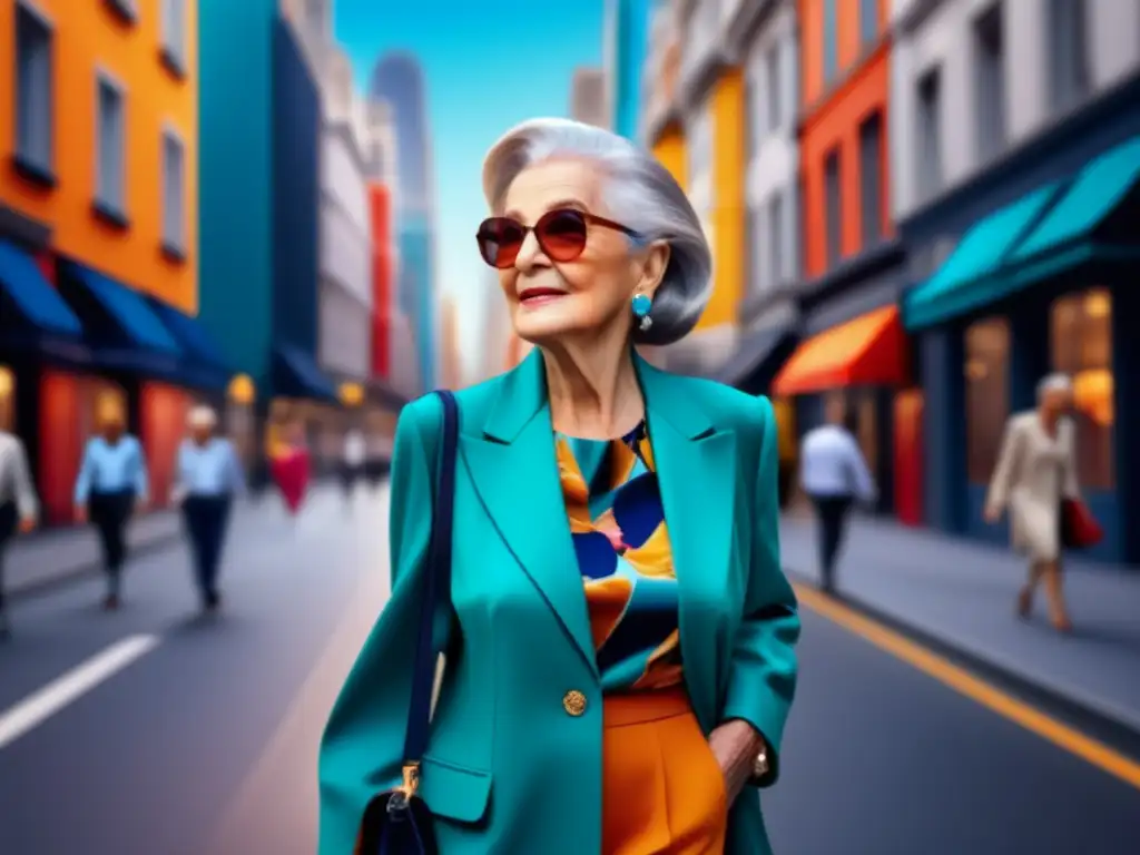 Moda y comodidad tercera edad: mujer mayor elegante camina con estilo y confianza en una animada calle urbana