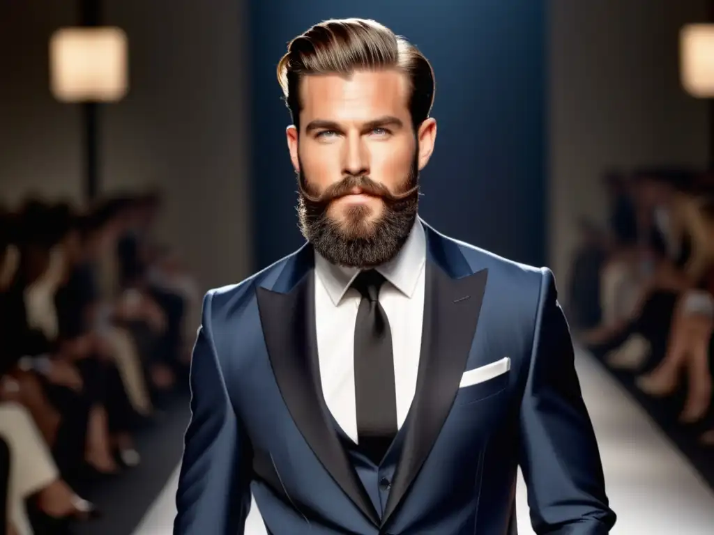 Tendencias afeitado masculino moda: modelo masculino con barba perfectamente estilizada, desfilando con confianza en una pasarela de moda