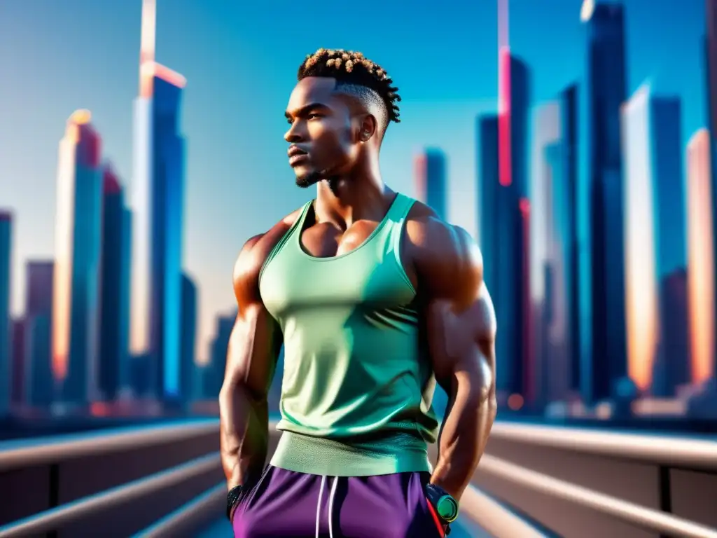 Modelo masculino en ropa deportiva moderna frente a una ciudad futurista, transmitiendo energía y movimiento