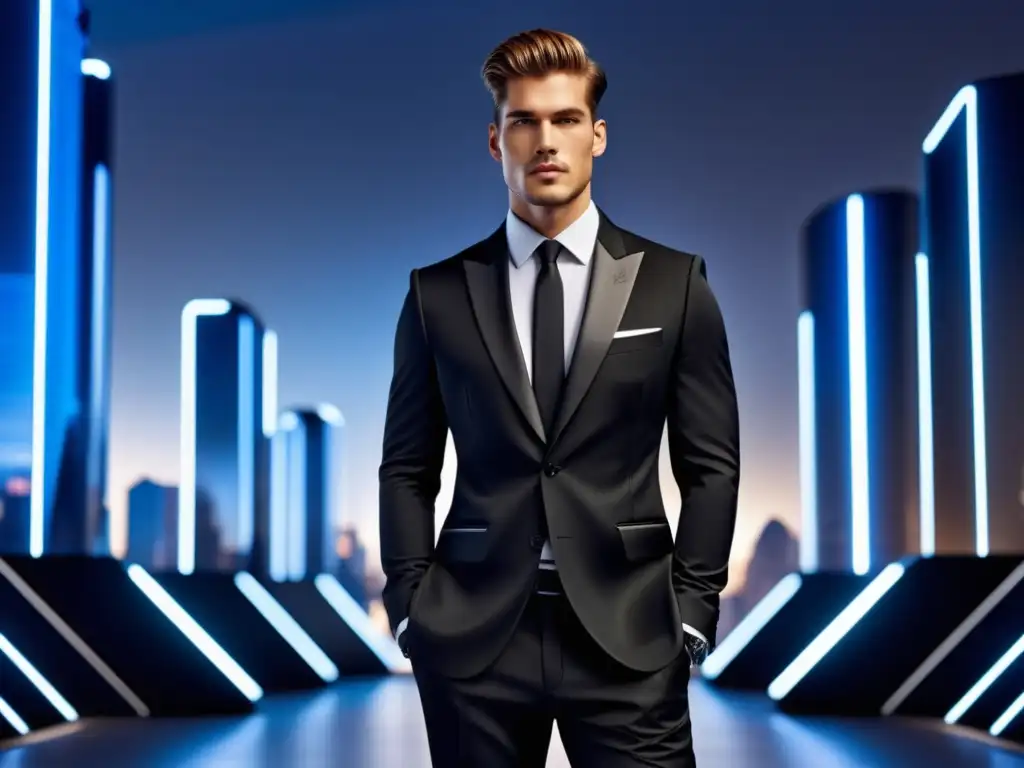 Tendencias moda masculina Diesel Fast & Furious: modelo en traje negro Diesel, ciudad futurista de fondo