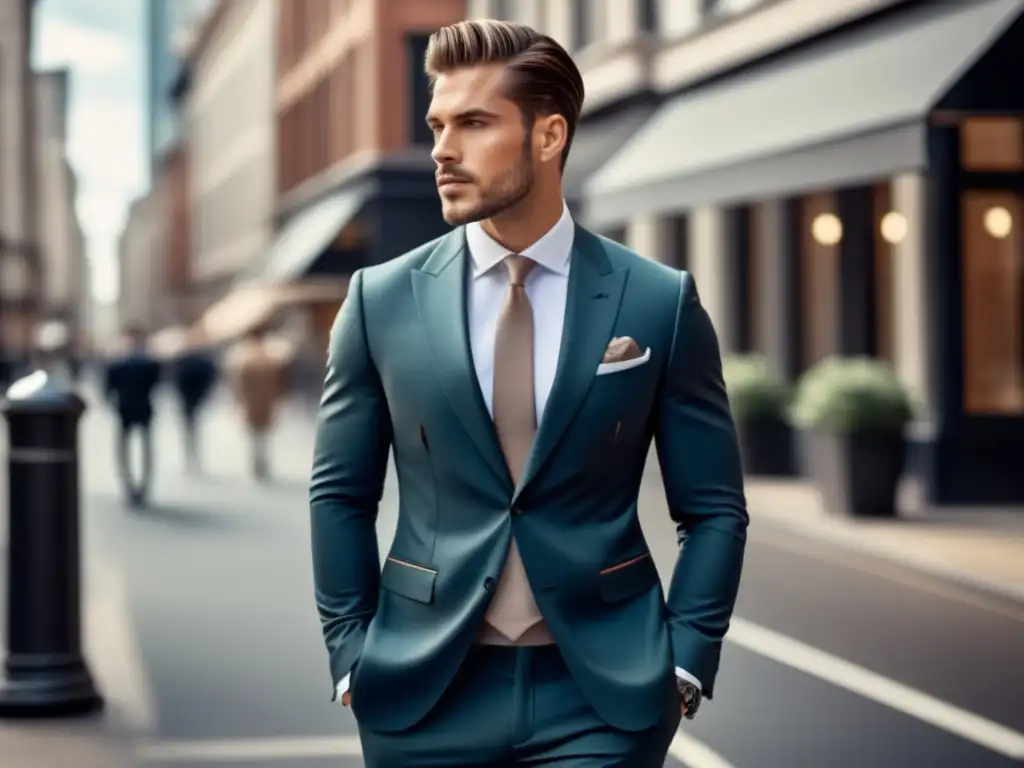 Tendencias moda masculina identidad: Modelo masculino elegante en la ciudad, expresando confianza y estilo en un traje moderno