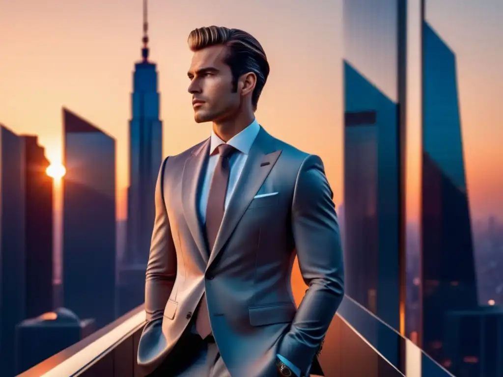 Moda masculina: Un modelo elegante y sofisticado camina por una vibrante ciudad al atardecer, rodeado de anuncios de moda masculina