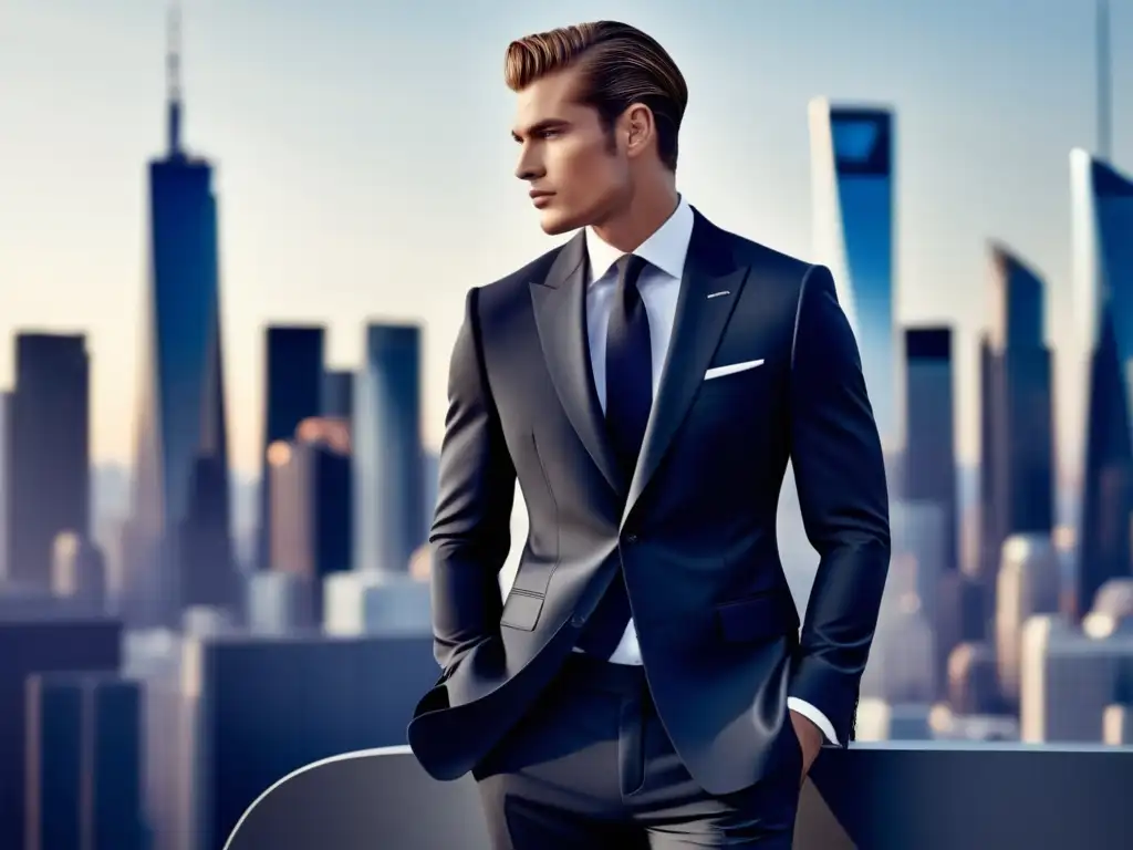 Tendencias moda masculina Dior renovación: Modelo masculino elegante en traje moderno, expresión carismática, fondo de ciudad