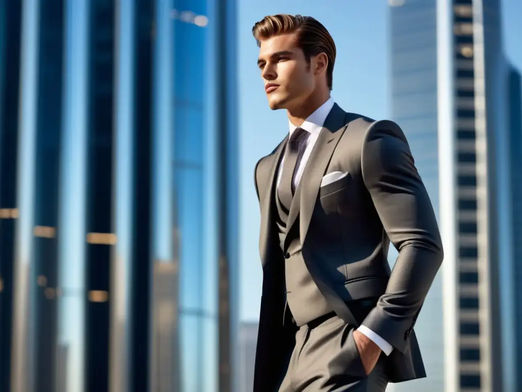 Tendencias moda masculina globales: modelo elegante en traje a medida, entorno urbano moderno, reflejo de rascacielos de vidrio