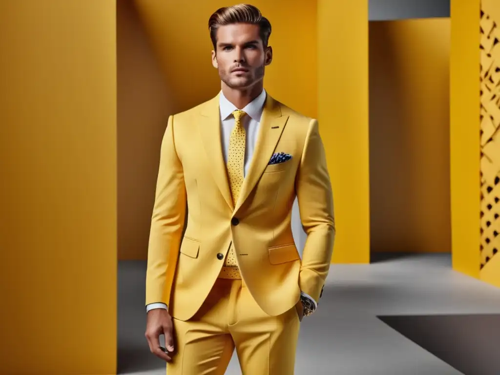 Beneficios del color amarillo en moda: modelo masculino con traje amarillo vibrante y fondo moderno de patrones geométricos