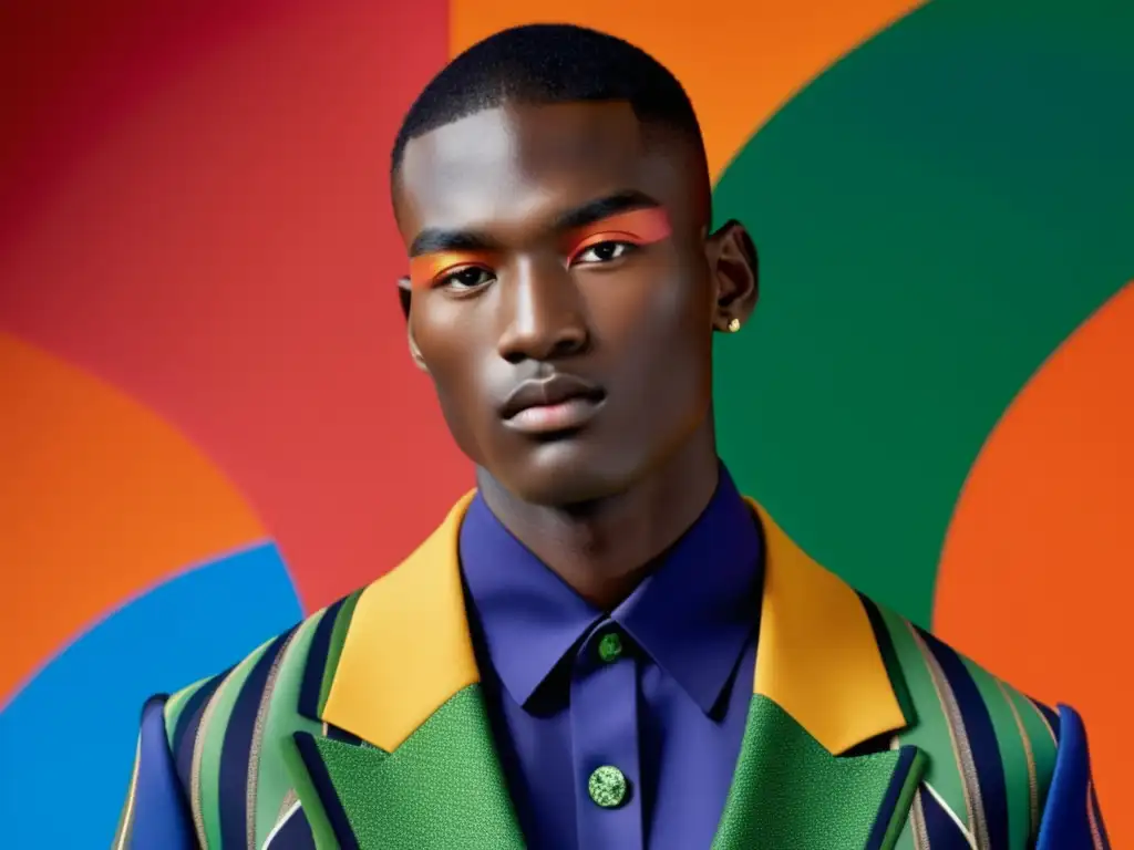 Tendencias moda masculina fusión culturas: Modelo masculino usando un vibrante atuendo Kenzo que representa la riqueza y diversidad cultural