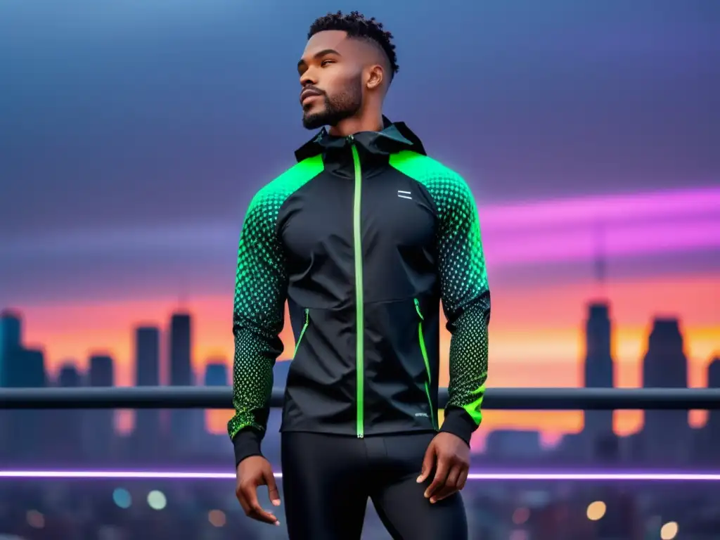 Hombre modelando tendencias moda masculina Activewear contemporánea en ciudad urbana al atardecer