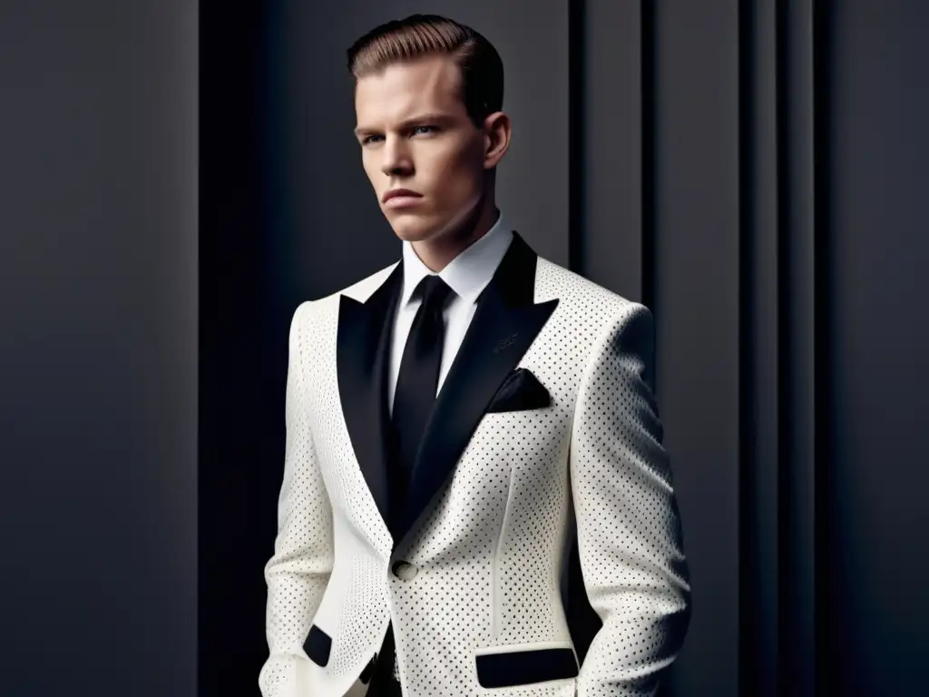 Tendencias moda masculina Alexander McQueen: modelo masculino en traje vanguardista, poderoso y desafiante