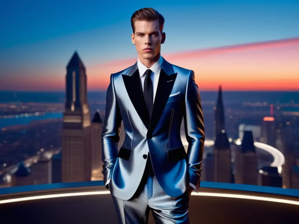 Tendencias moda masculina Alexander McQueen: Modelo masculino con traje elegante y ciudad futurista al atardecer