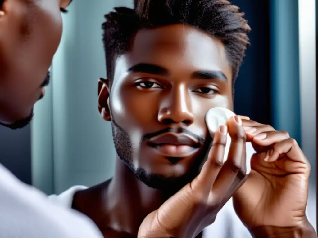 Modelo masculino aplicando una crema hidratante con confianza - Rutina de cuidado de la piel masculina constante