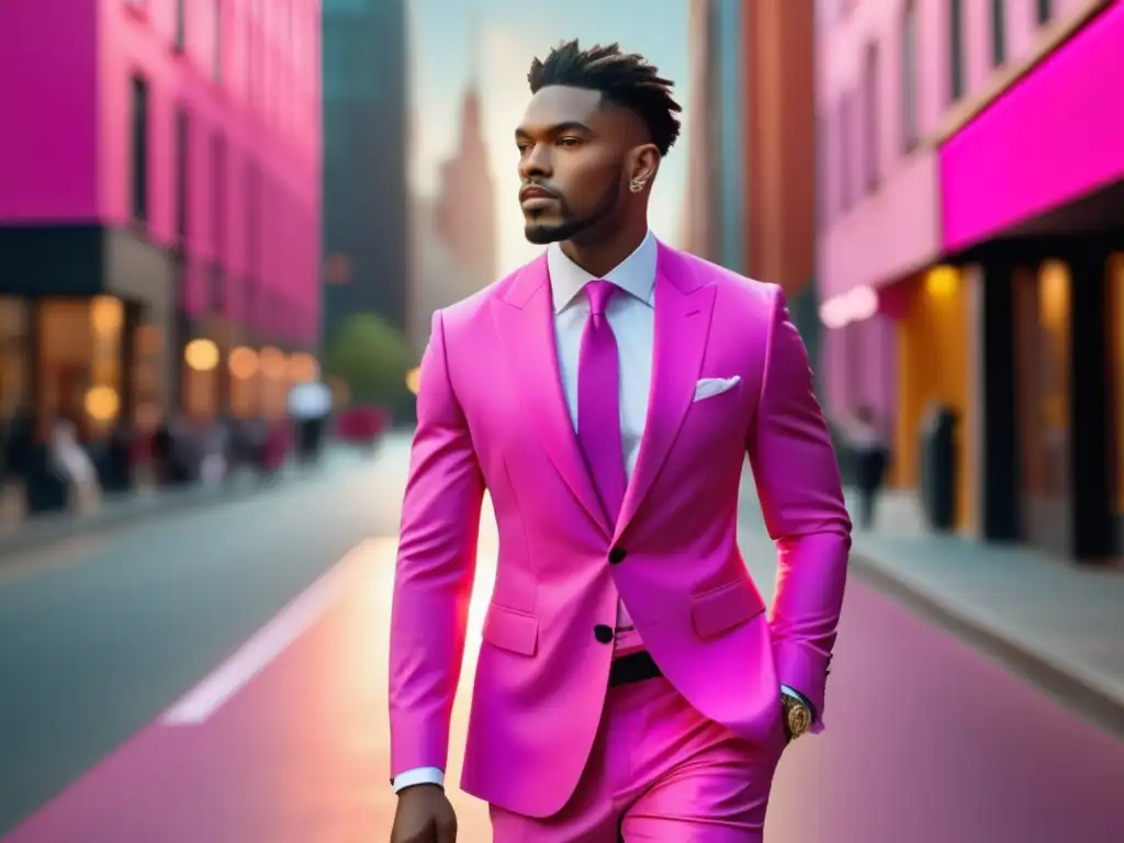 Tendencias moda masculina color rosa: modelo masculino en traje rosa, caminando con confianza en una calle urbana vibrante