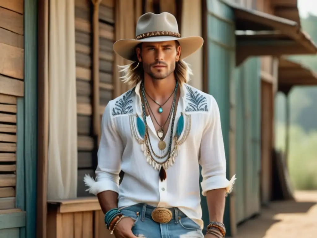 Modelo masculino en atuendo Boho Chic, destacando tendencias moda masculina estilo Boho Chic en la naturaleza