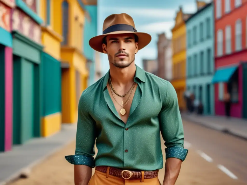 Moda masculina estilo Boho Chic, modelo elegante y sofisticado en una vibrante ciudad