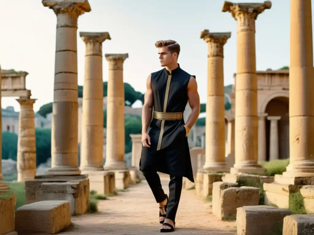 Tendencias moda masculina influencia romana: modelo vistiendo túnica negra con bordados dorados, pantalones ajustados y sandalias de cuero