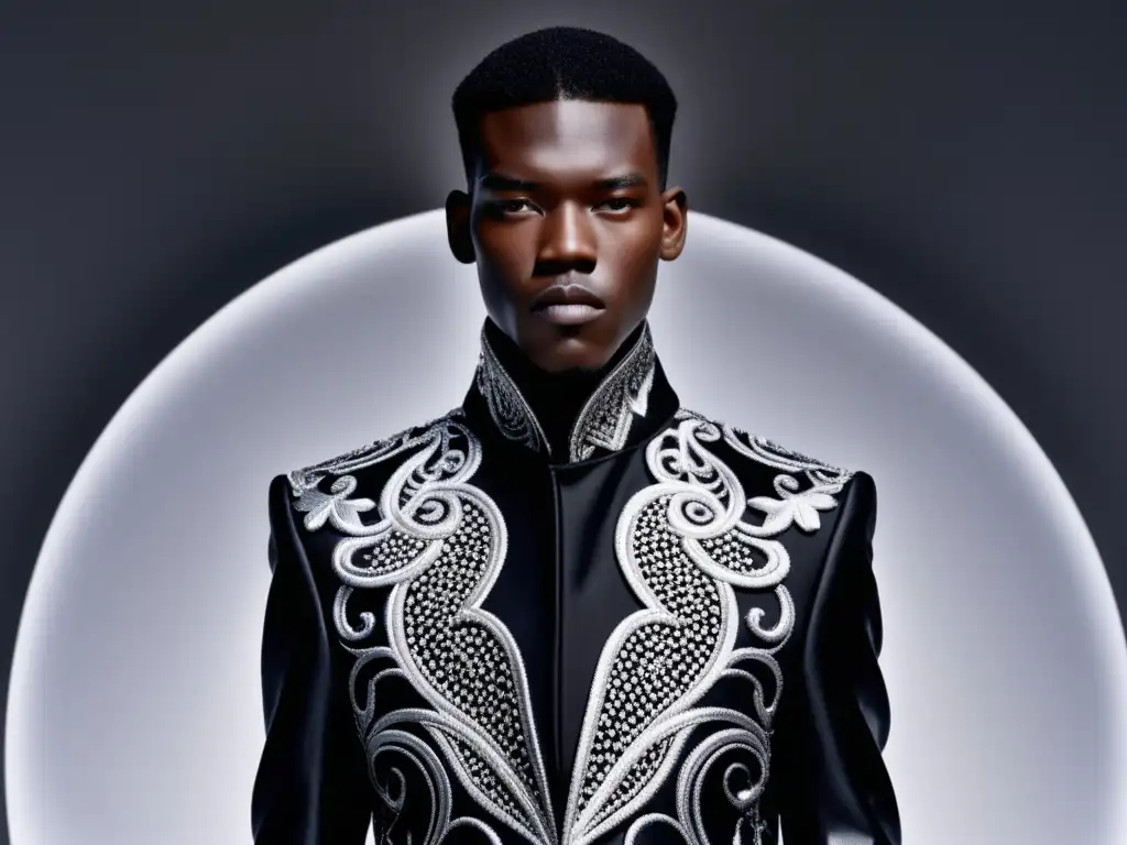 Tendencias moda masculina Alexander McQueen: Modelo masculino viste atrevido conjunto negro con detalles plateados y velo misterioso