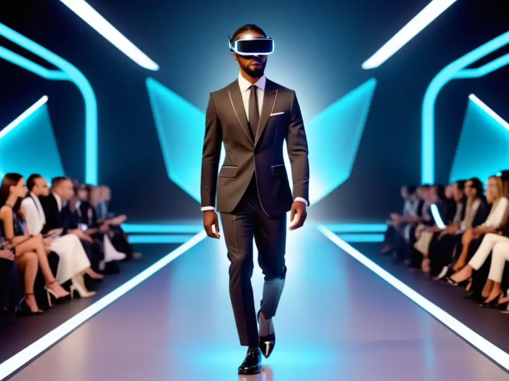 Beneficios de realidad aumentada en moda masculina: modelo con headset AR en pasarela futurista, proyectando diseños virtuales y elementos reales