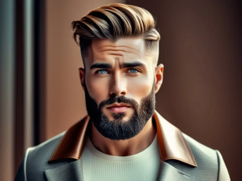 Tendencias de corte de pelo masculino con modelo elegante y moderno, destacando estilos de moda y la importancia de la forma y textura facial