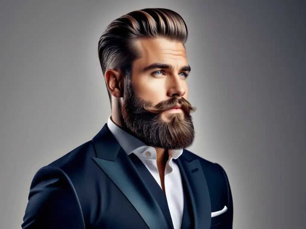 Cambio de imagen masculino efectivo: modelo con barba y peinado moderno, seguro y sofisticado en traje elegante