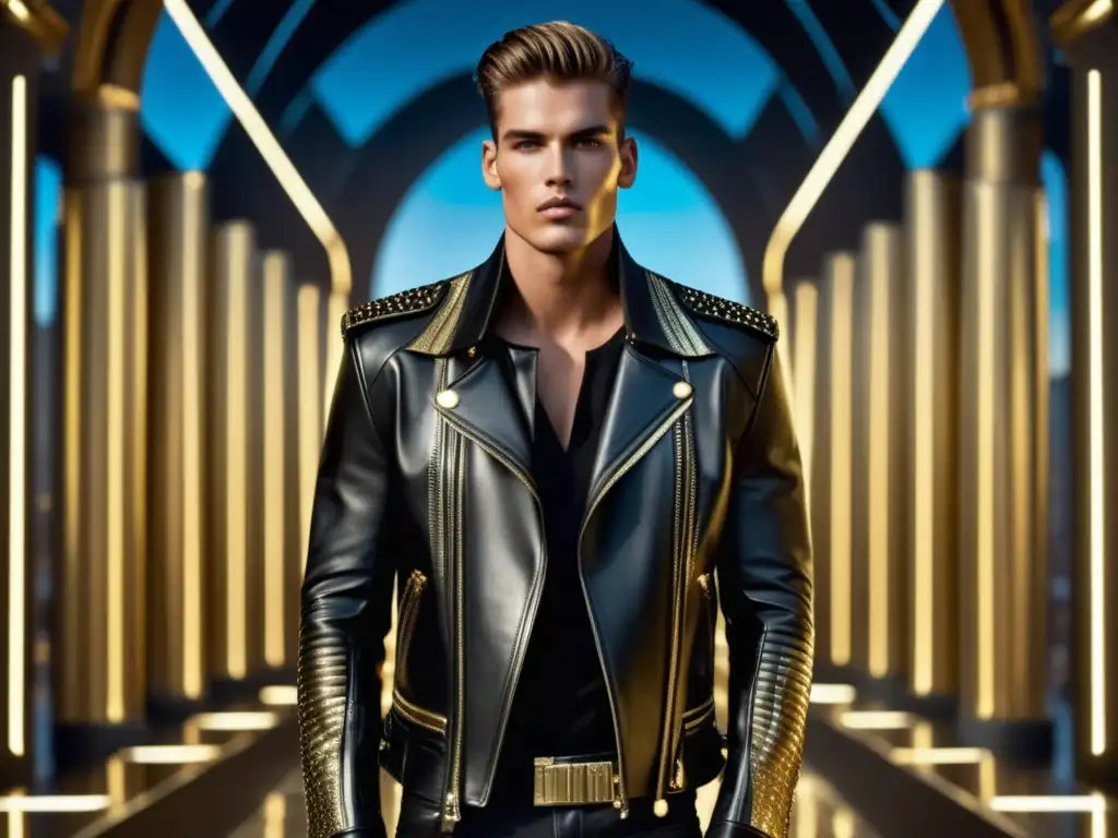 Modelo masculino con chaqueta de cuero negra Balmain en rol de Ocean's 8