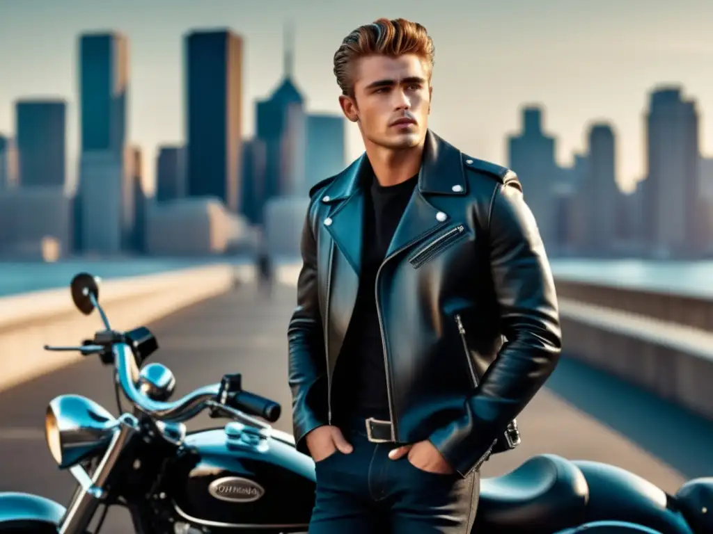 Influencia de James Dean en moda masculina: Modelo moderno en chaqueta de cuero negro, junto a una moto vintage y el horizonte urbano