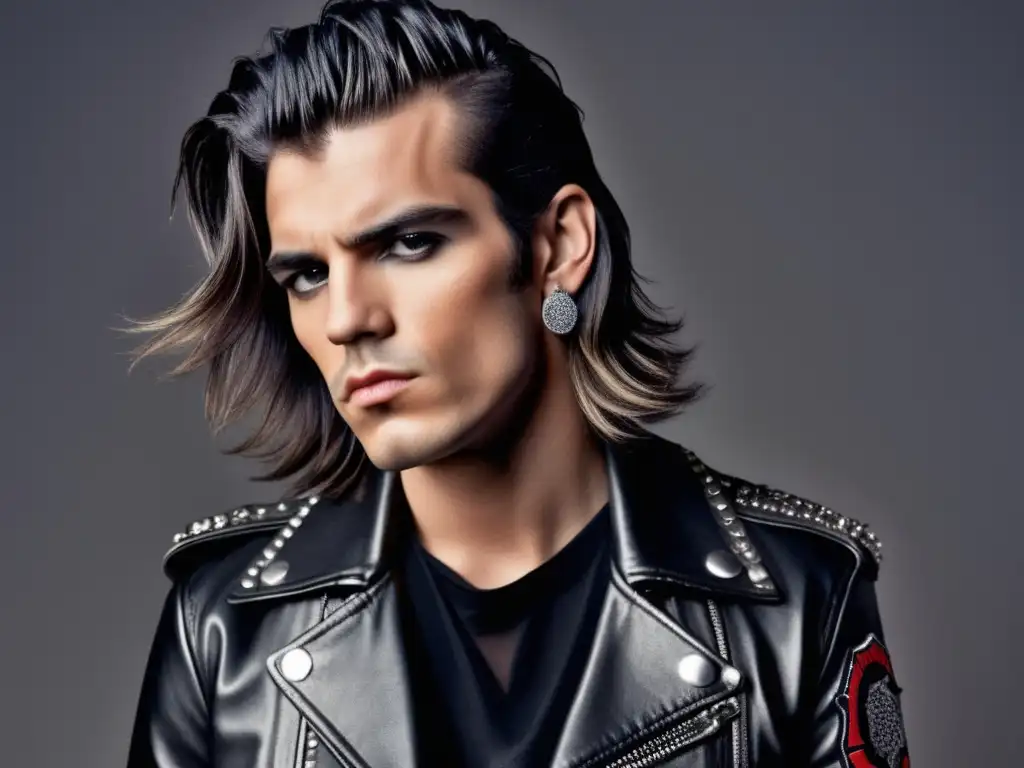 Influencia de estrellas de rock en moda masculina: Modelo masculino con chaqueta de cuero negro y detalles de tachuelas plateadas, luciendo parches de bandas icónicas como The Rolling Stones, Led Zeppelin y Queen