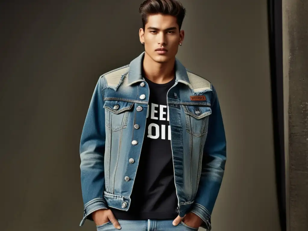 Modelo masculino con chaqueta denim Diesel, estilo urbano y rebelde