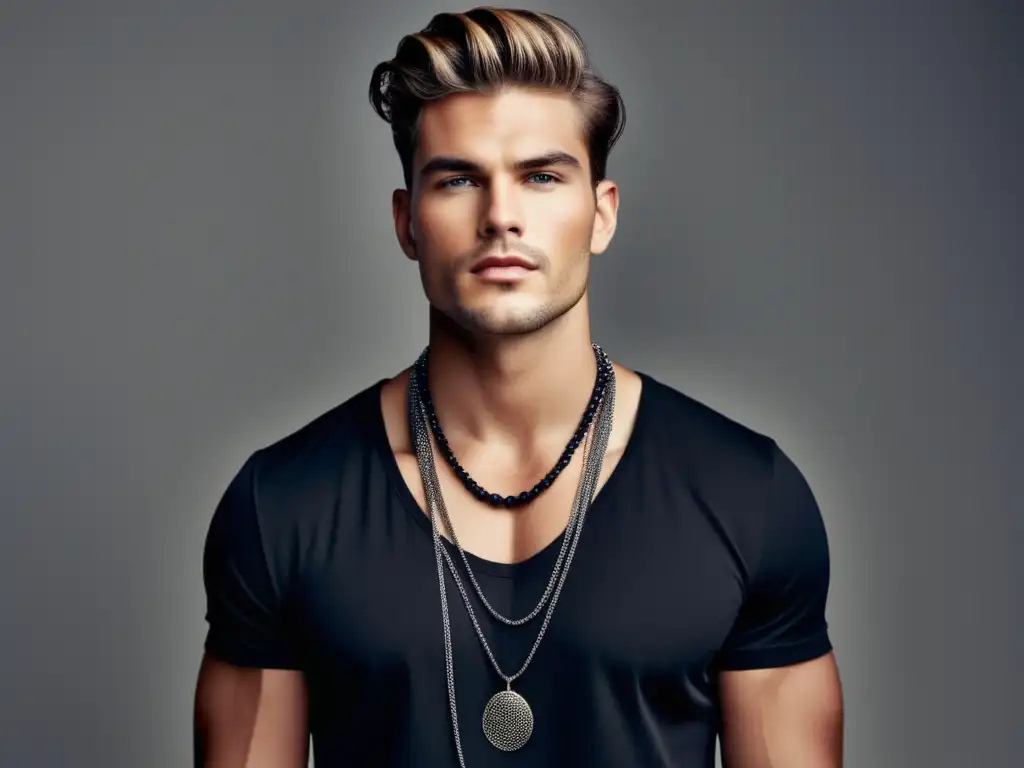 Collares masculinos tendencias moda - Modelo masculino con estilo usando variedad de collares masculinos en un fondo minimalista