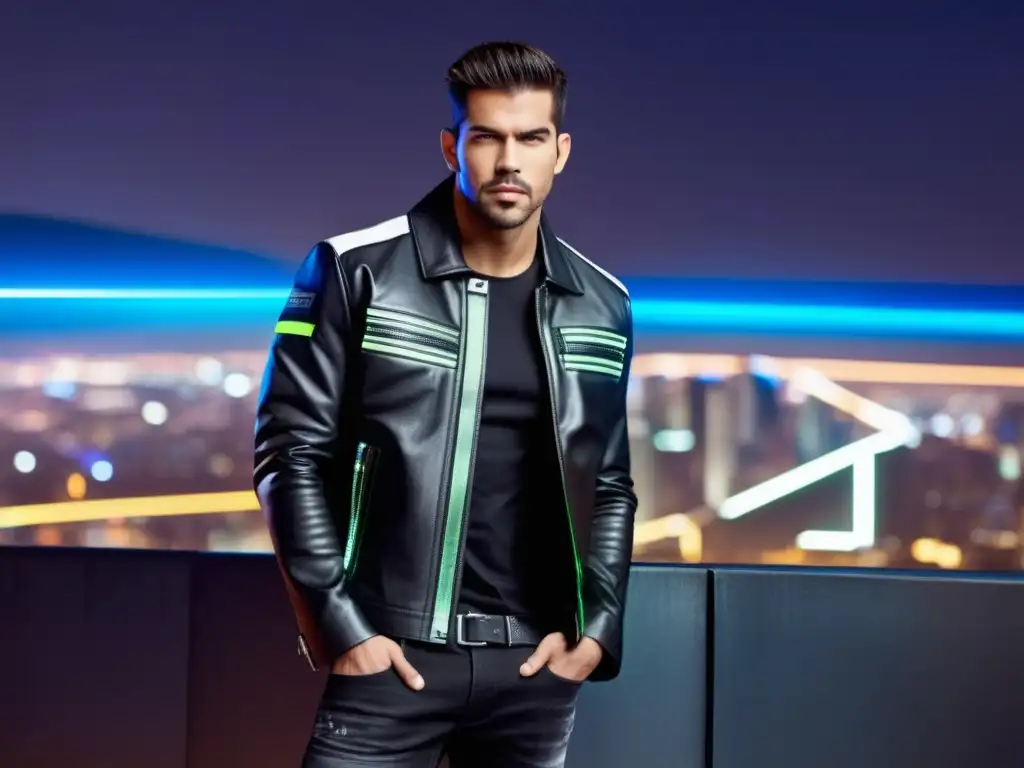 Modelo masculino vistiendo atuendo Diesel Fast & Furious, fusionando moda urbana y alta costura