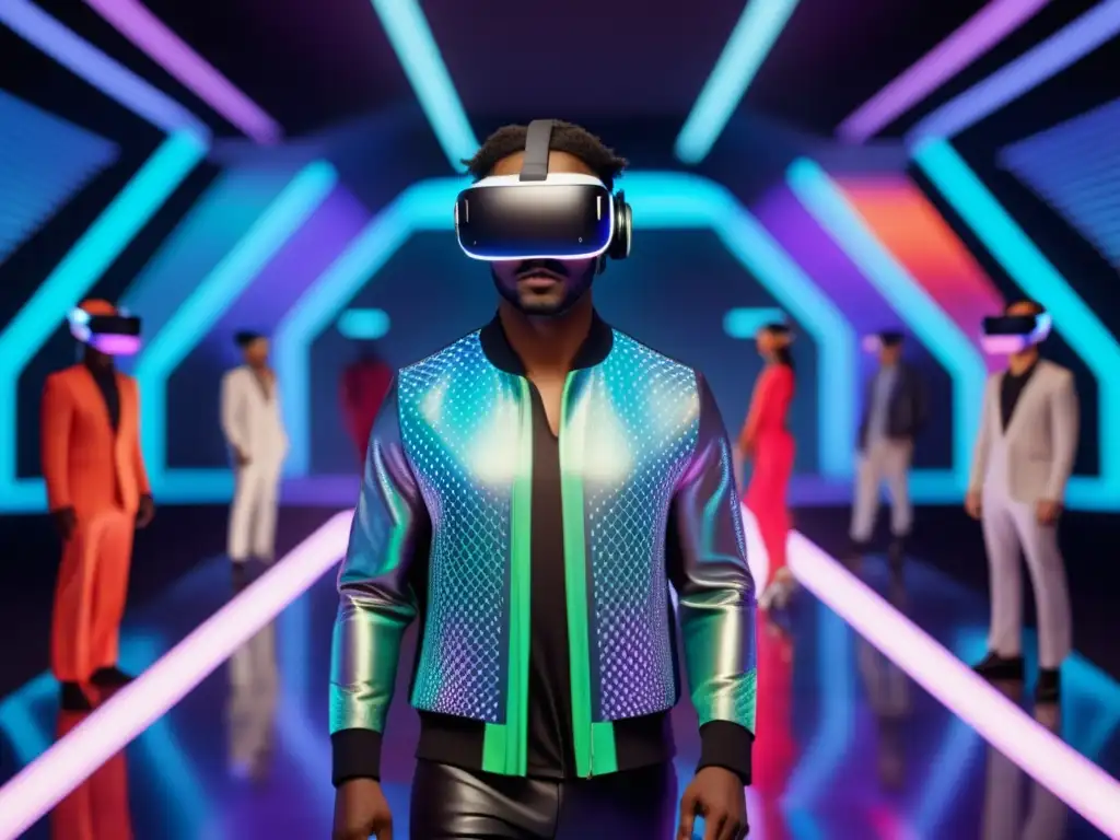 Tendencias moda masculina realidad virtual: modelo con gafas de VR rodeado de diseños virtuales en una pasarela futurista