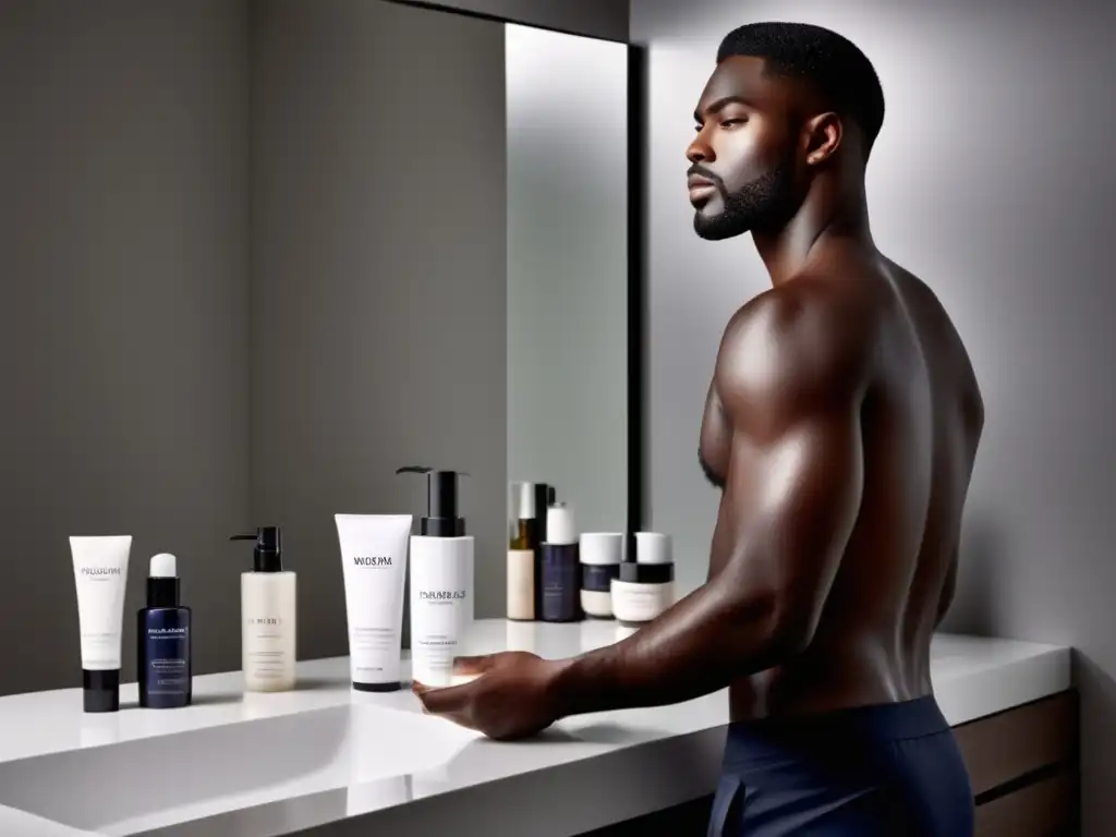 Rutina cuidado piel masculina: modelo con piel radiante y productos de cuidado en baño minimalista