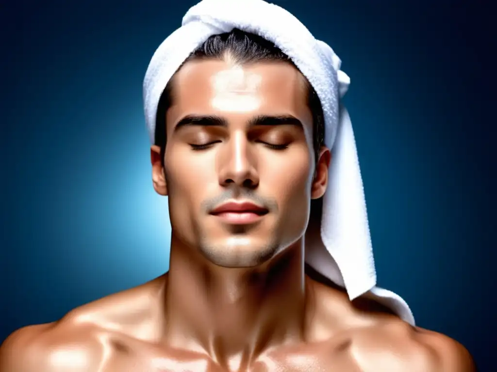 Importancia limpieza facial rutina piel: modelo masculino sofisticado con piel impecable, ojos cerrados y agua limpia en el rostro