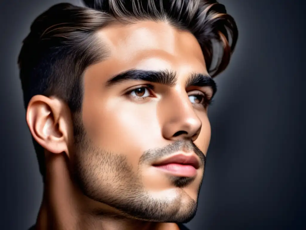 Cuidado piel masculina: modelo con piel impecable, sin arrugas, aspecto fresco y radiante