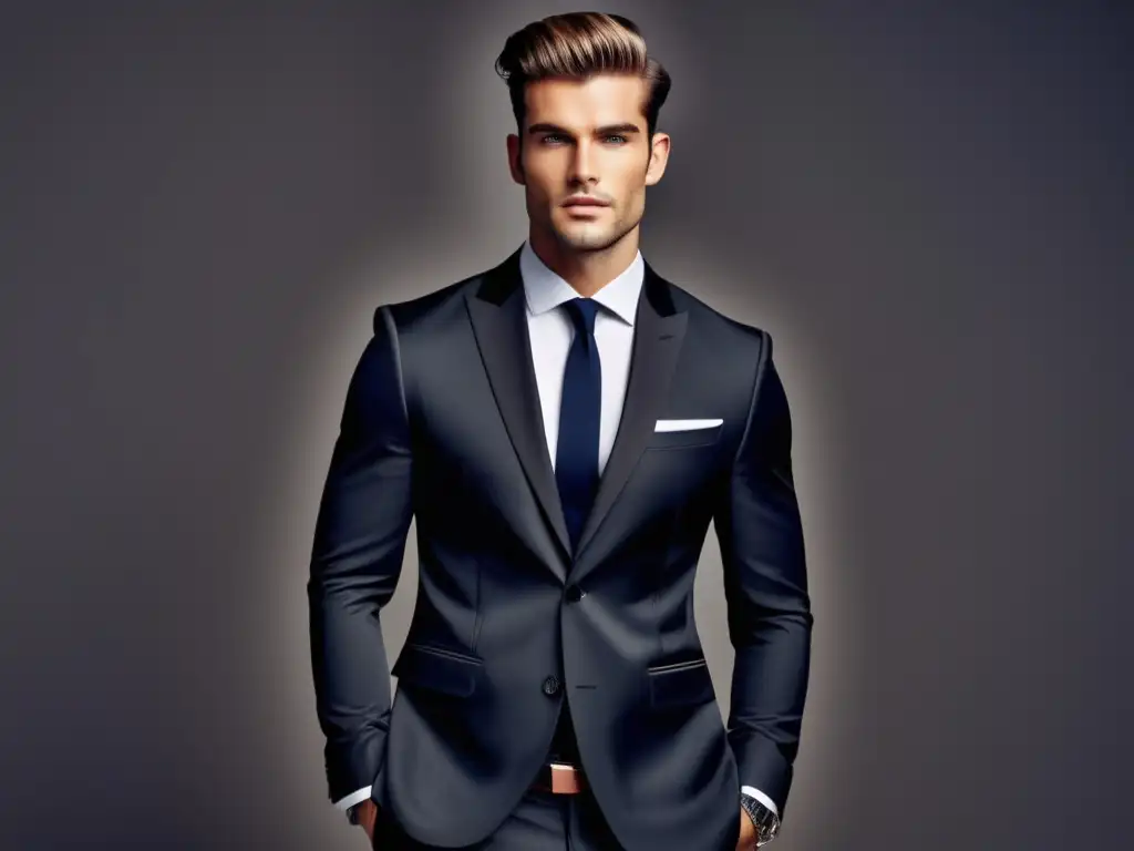 Modelo masculino con postura perfecta en traje moderno, simbolizando la importancia de la postura en moda masculina