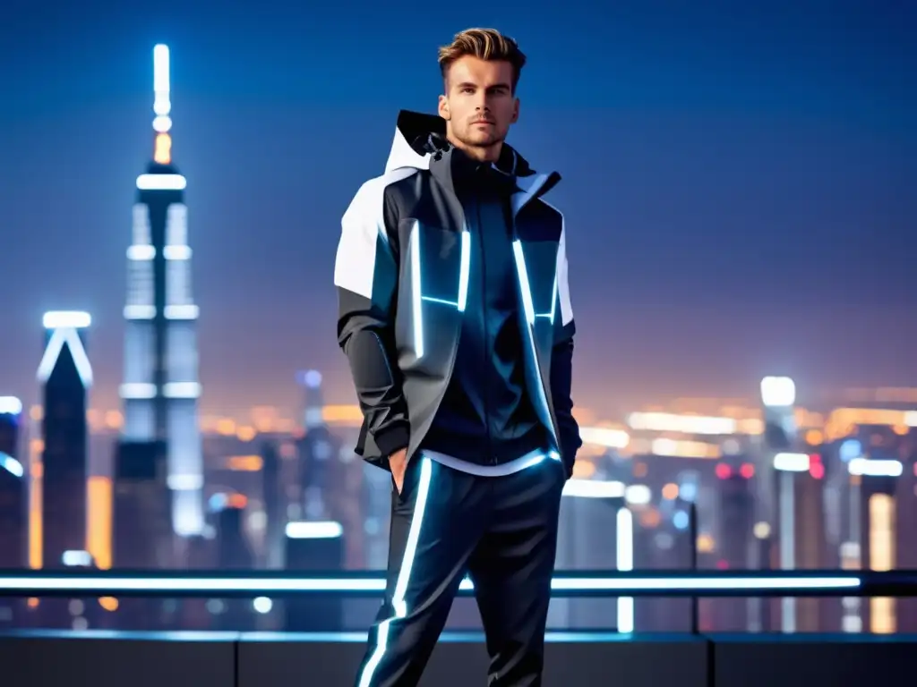 Tendencias moda masculina ropa técnica: Modelo masculino con ropa técnica de vanguardia en un entorno urbano futurista