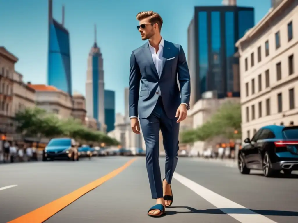 Sandalias masculinas tendencia moda, modelo elegante en la ciudad con traje y sandalias modernas y minimalistas, paisaje urbano vibrante