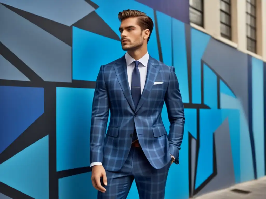 Modelo masculino con traje de cuadros azules y grises, frente a pared graffiti