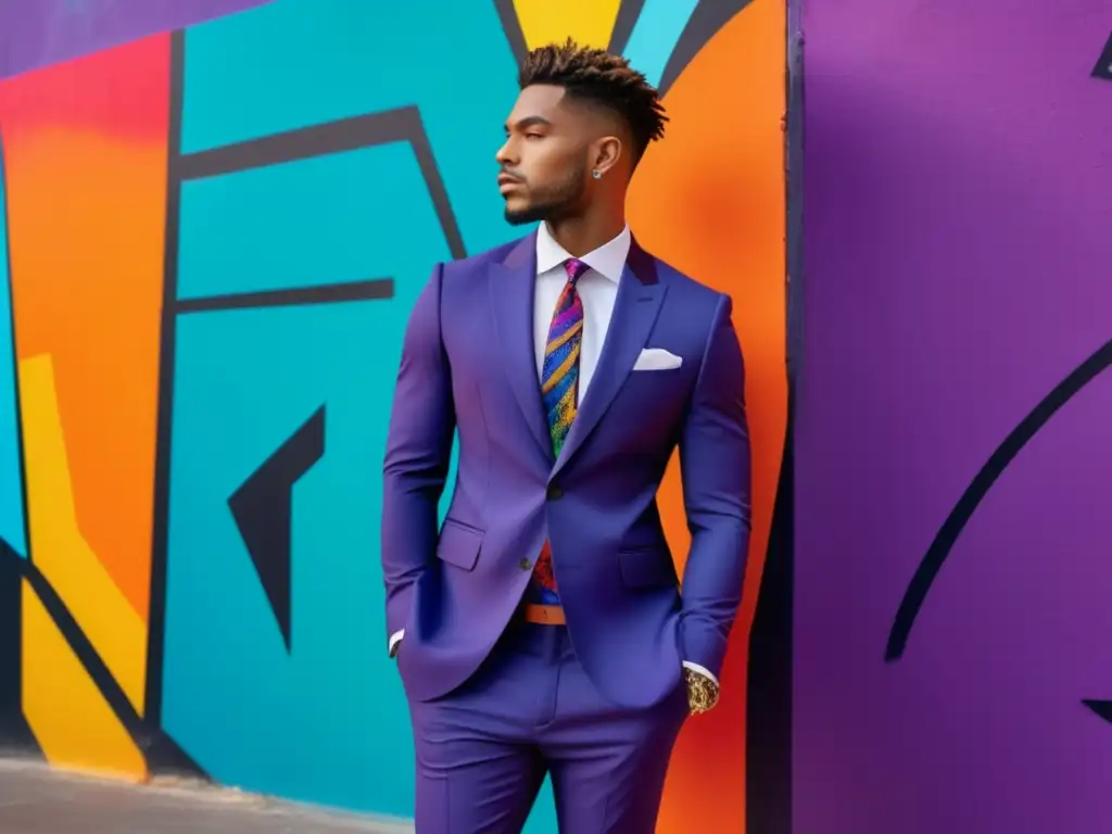 Tendencias moda masculina influencia arte: modelo masculino en traje artístico, posando frente a una pared graffiti vibrante