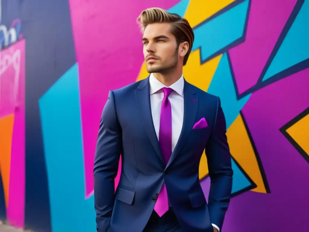 Importancia colores vivos en moda masculina: modelo elegante en traje azul marino ajustado con chaqueta fucsia, camisa blanca y corbata negra