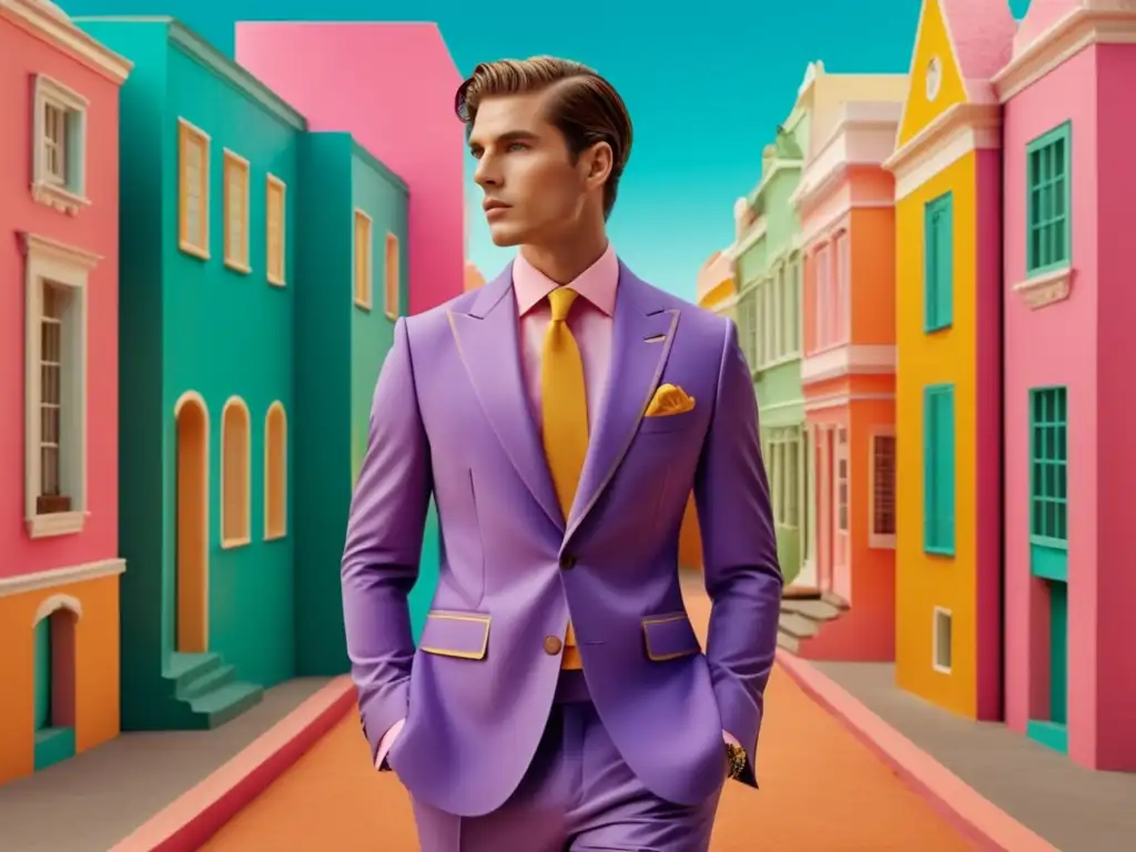 Modelo masculino en traje vibrante, inspirado en Wes Anderson