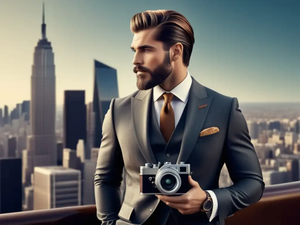 Icono de estilo masculino moderno con traje elegante y cámara vintage en ciudad moderna