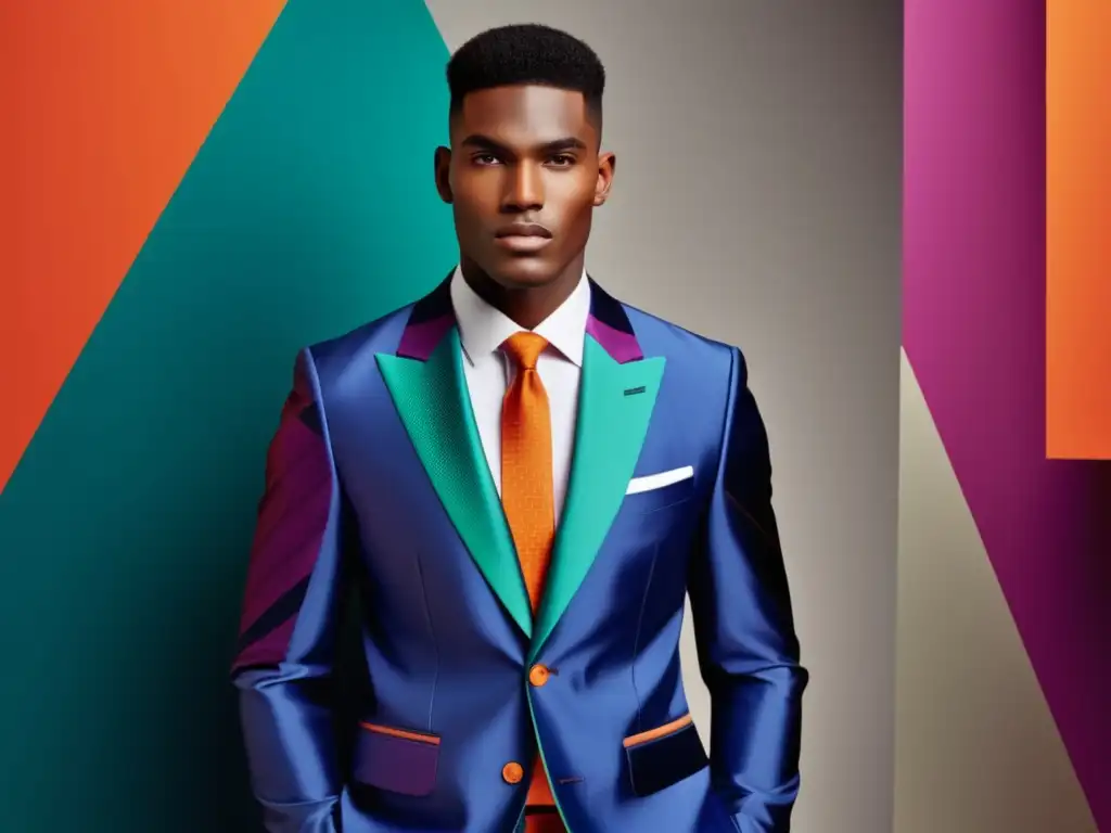 Moda masculina: Estampados geométricos en traje moderno de colores vibrantes y patrones intrincados