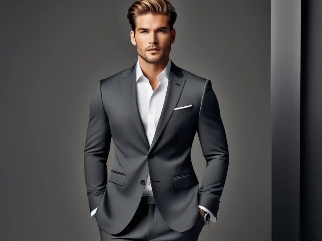 Hombre elegante en traje gris, resalta beneficios psicológicos colores neutros moda masculina