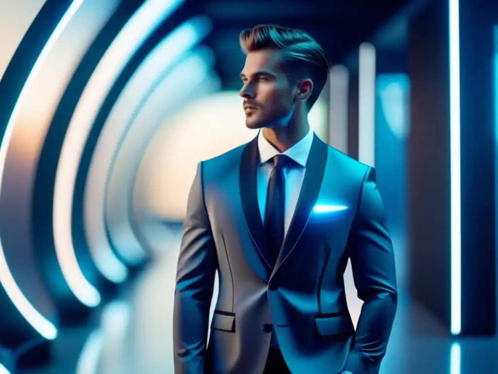 Beneficios de la ropa inteligente masculina en un entorno futurista y moderno, con un modelo usando un traje inteligente de alta tecnología