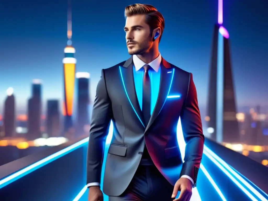 Moda inteligente para hombres: modelo elegante con traje de última tecnología, diseño minimalista y sensores inteligentes, en una ciudad futurista