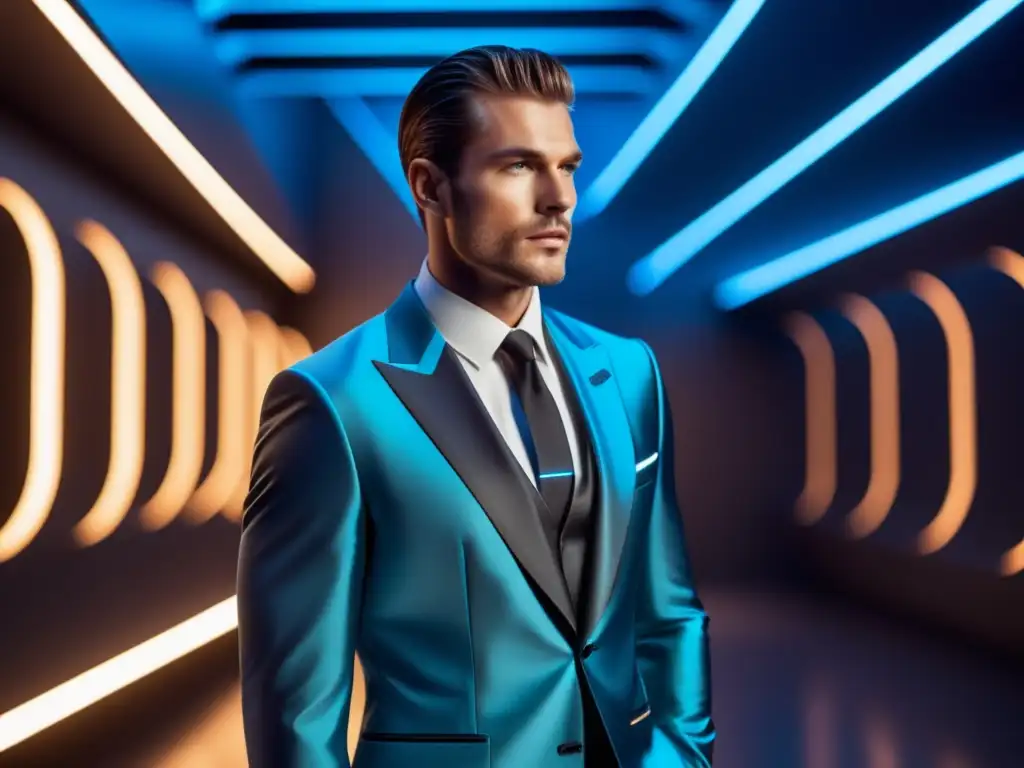 Moda inteligente y sostenible: modelo masculino elegante junto a una futurista ciudad verde