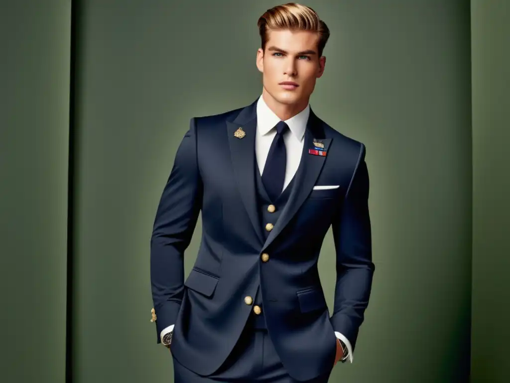 Modelo masculino elegante en traje militar, fusionando elementos militares y moda contemporánea