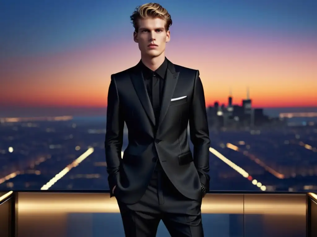 Tendencias moda masculina Saint Laurent: modelo masculino en traje negro, confianza y sofisticación en la ciudad al atardecer