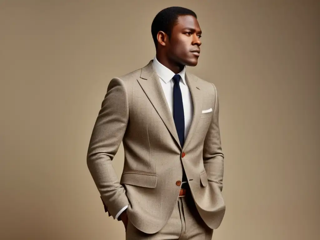 Modelo viste traje de tweed estilo Steve McQueen, exuda confianza y sofisticación con influencia retro