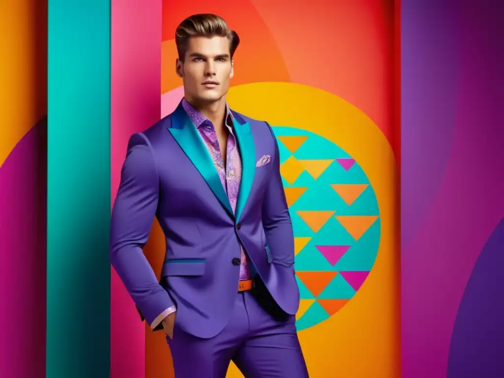 Influencia psicológica en moda masculina: modelo bien vestido, fondo vibrante y colorido, patrones y diseños llamativos