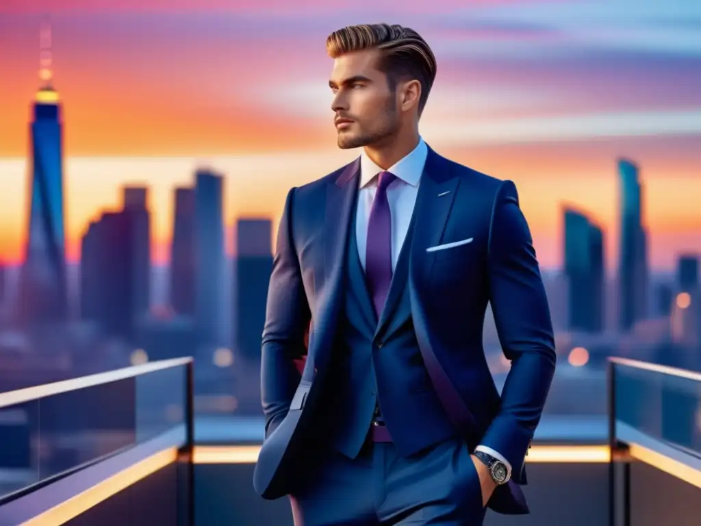 Tendencias moda masculina corporativa 2022: Modelo moderno en traje azul marino, camisa blanca, corbata y accesorios elegantes, contra el fondo urbano vibrante